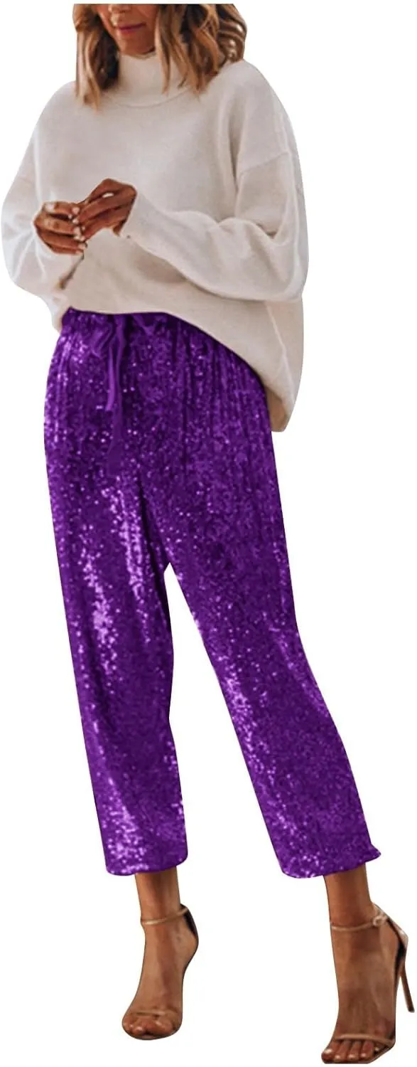 sdbrld Sparkle Pants Women,Womens Sequin Pants Shiny Glitter Bling Evening Party Pants Fashion Pencil Pants with Drawstring