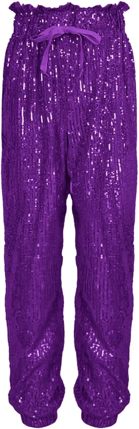 sdbrld Sparkle Pants Women,Womens Sequin Pants Shiny Glitter Bling Evening Party Pants Fashion Pencil Pants with Drawstring