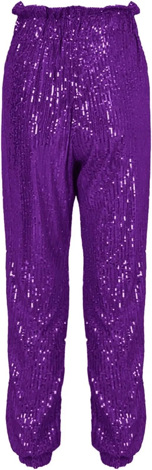 sdbrld Sparkle Pants Women,Womens Sequin Pants Shiny Glitter Bling Evening Party Pants Fashion Pencil Pants with Drawstring