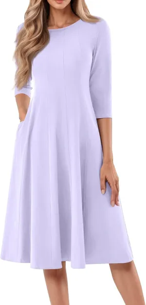 Summer Dresses for Women 2025,Casual Fashion Round Neck 3/4 Sleeve Multi Solid Color Printed A-Line Midi Dress