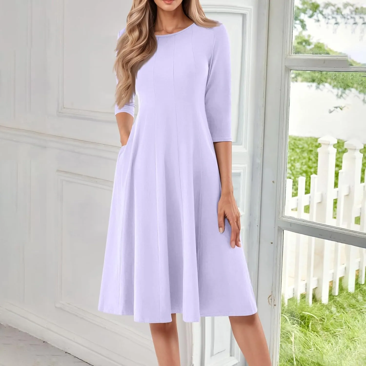 Summer Dresses for Women 2025,Casual Fashion Round Neck 3/4 Sleeve Multi Solid Color Printed A-Line Midi Dress