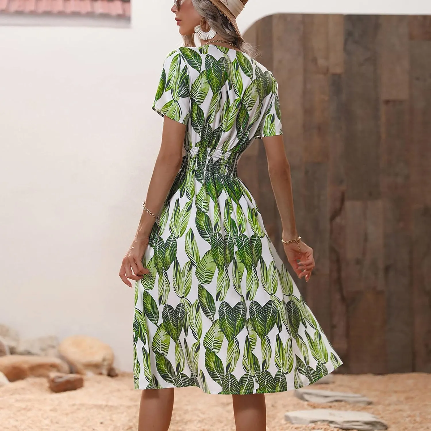 Summer Wrap Dresses for Women 2025 Floral V Neck Knee Length Short Sleeve Dress Hawaiian Boho Wedding Guest Dress