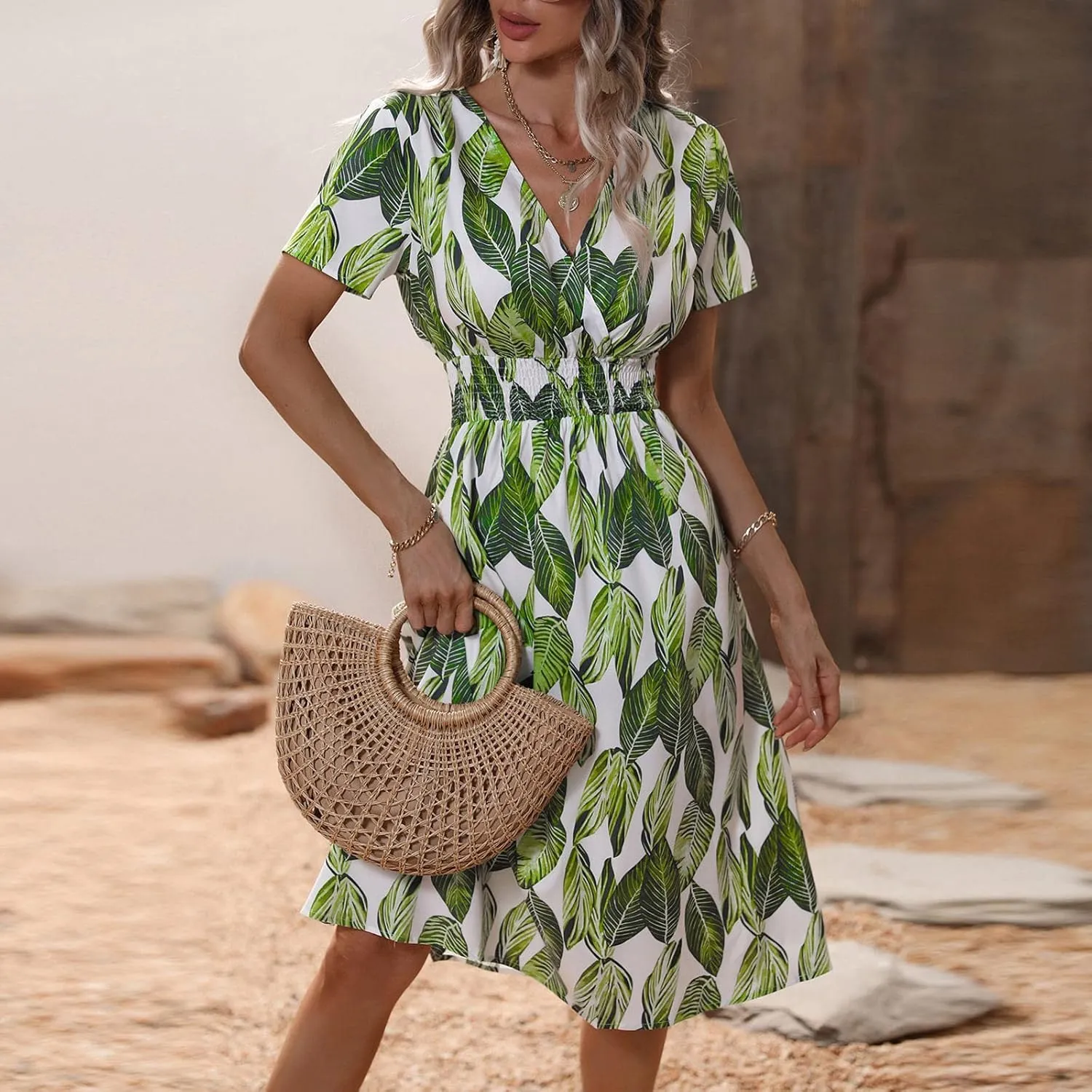 Summer Wrap Dresses for Women 2025 Floral V Neck Knee Length Short Sleeve Dress Hawaiian Boho Wedding Guest Dress