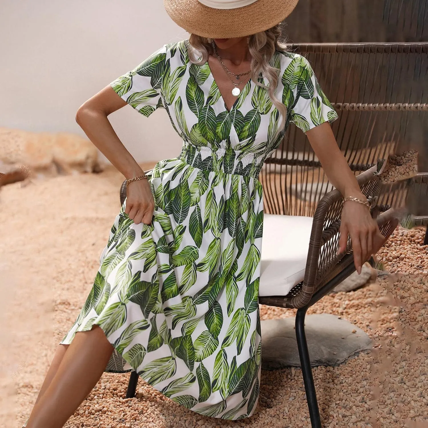 Summer Wrap Dresses for Women 2025 Floral V Neck Knee Length Short Sleeve Dress Hawaiian Boho Wedding Guest Dress