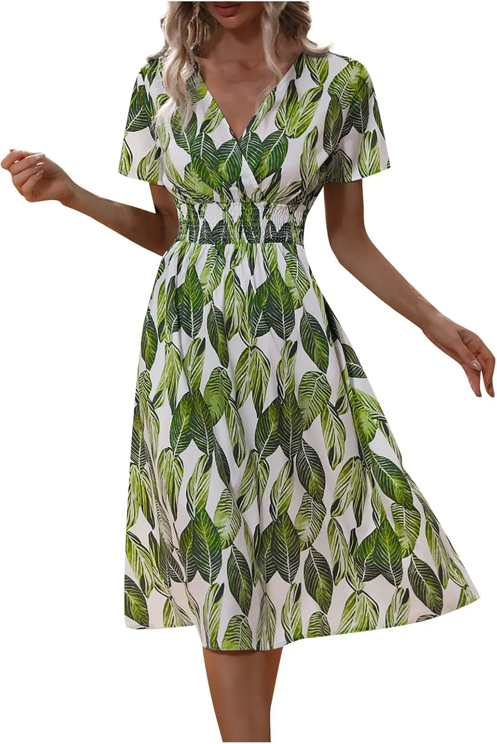 Summer Wrap Dresses for Women 2025 Floral V Neck Knee Length Short Sleeve Dress Hawaiian Boho Wedding Guest Dress