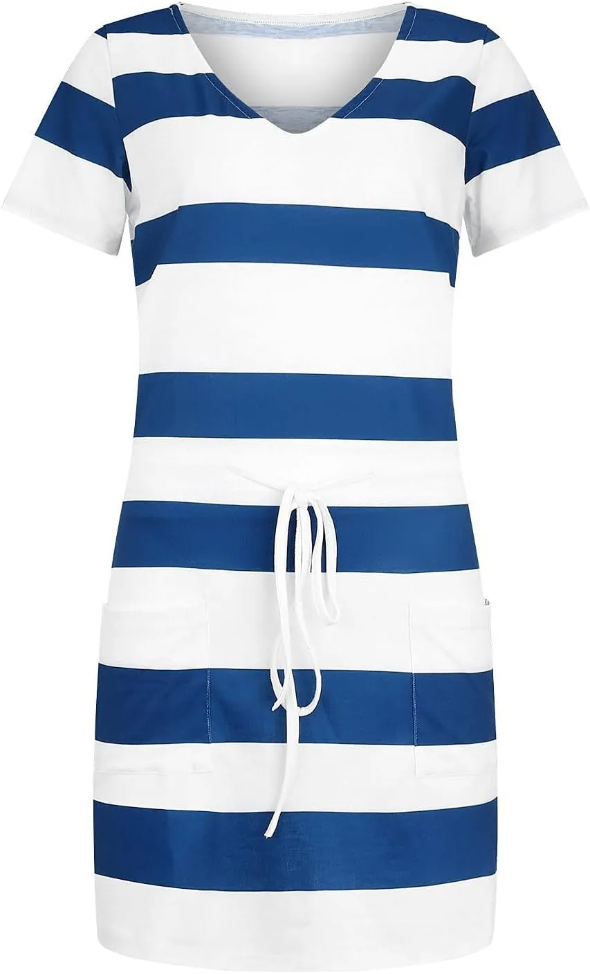 Sundresses for Women,2024 Summer Casual Sling V Neck Mini Dress,Trendy Striped Drawstring T Shirt Dress with Pockets