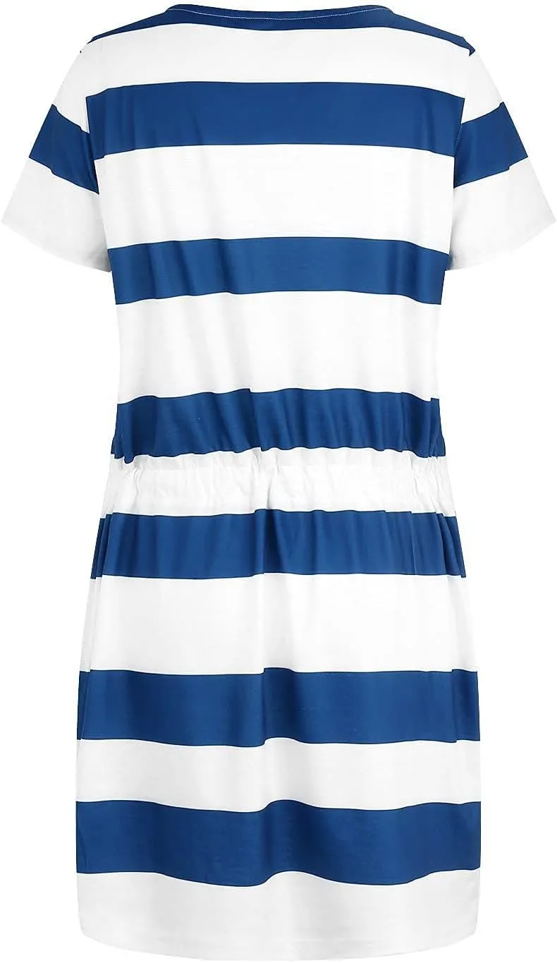 Sundresses for Women,2024 Summer Casual Sling V Neck Mini Dress,Trendy Striped Drawstring T Shirt Dress with Pockets