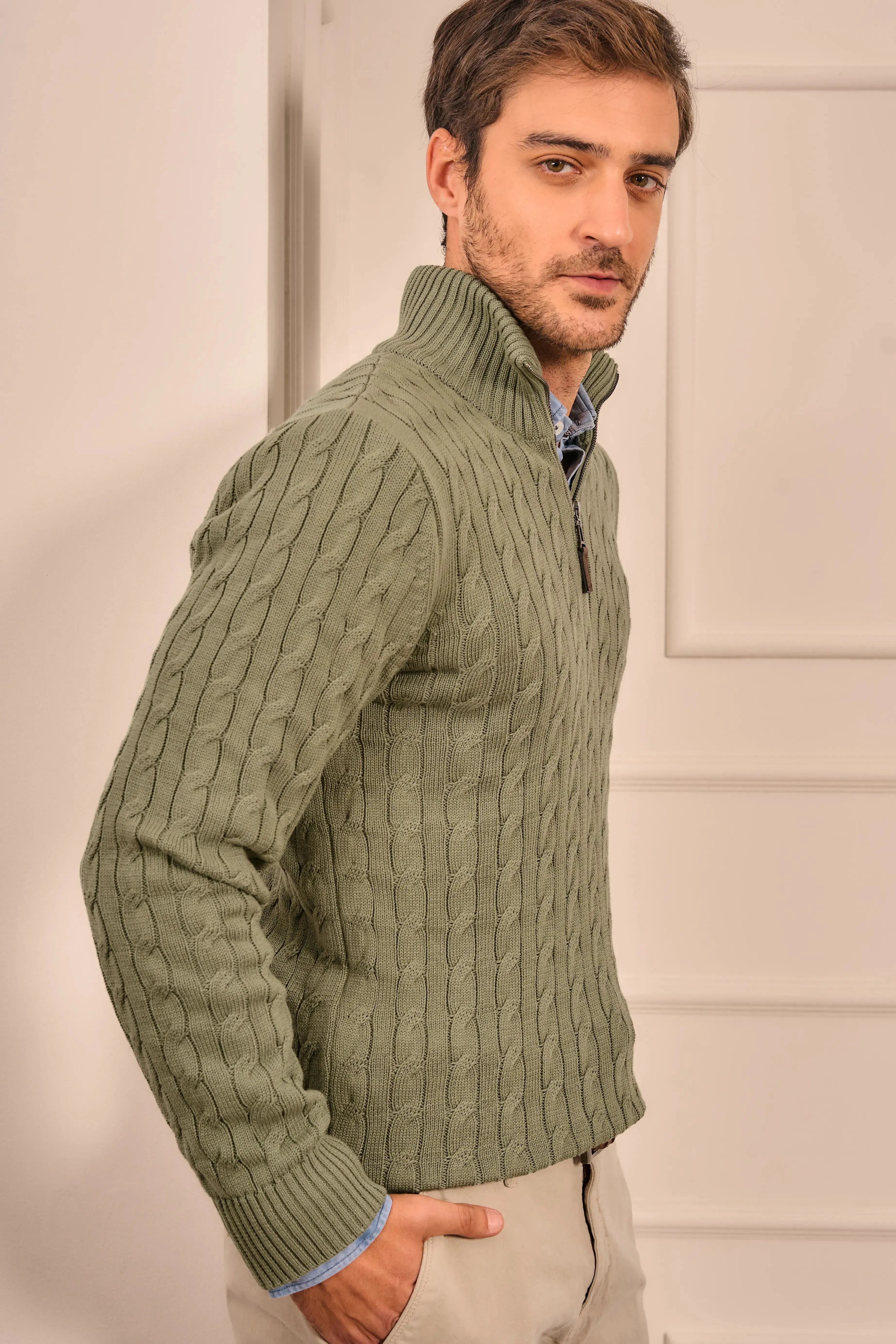 Suéter Halfzip Trenzado Hombre Verde Alamo