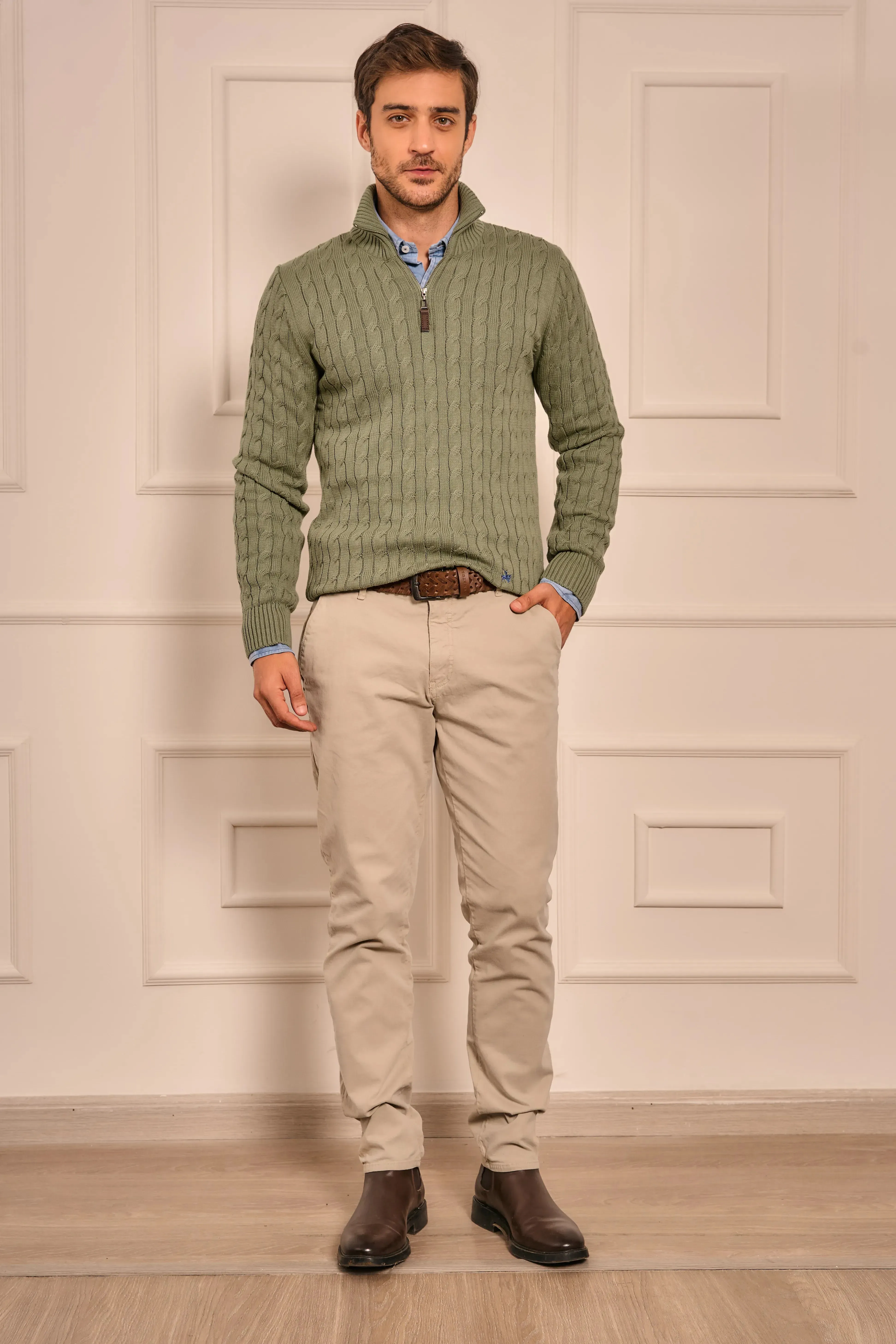 Suéter Halfzip Trenzado Hombre Verde Alamo