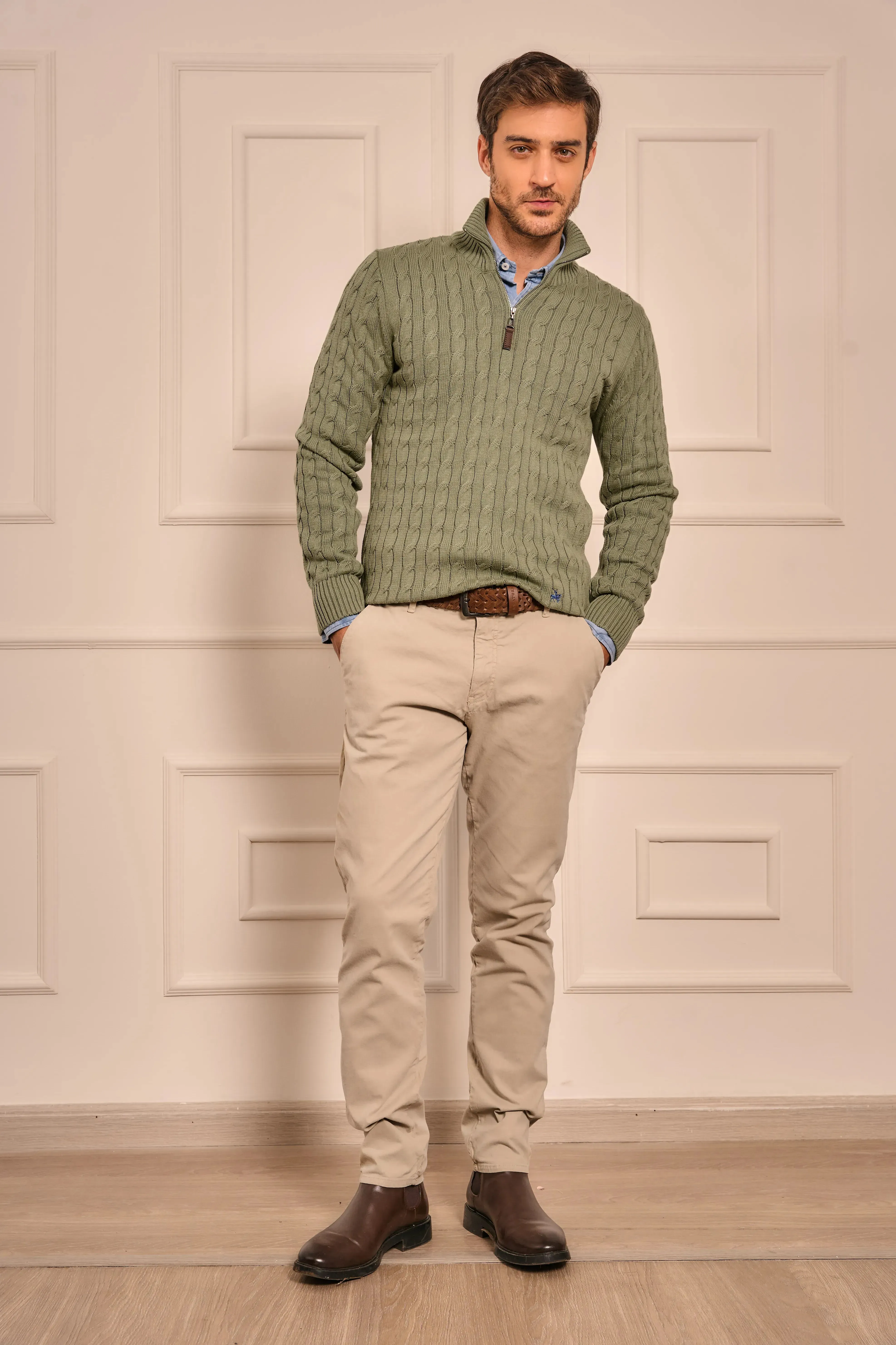 Suéter Halfzip Trenzado Hombre Verde Alamo