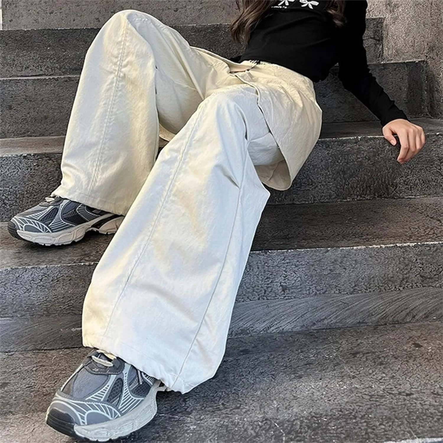 Teen Girls Baggy Palozzo Pants Loose Solid Wide Leg Straight Elastic Waist Detachable Trousers Relaxed Pants Pockets
