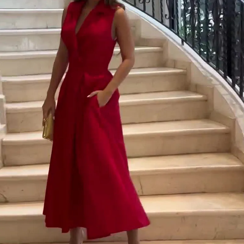 Vestido Carmin Midi Decote V Acinturado