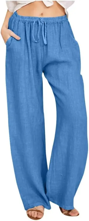 Wide Leg Palazzo Pants for Women 2025 Summer Casual Beach Pant Loose Fit Drawstring Flowy Lounge Trousers with Pocket