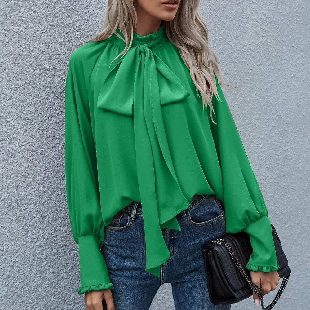 Women's Bow Tie Neck Shirts Casual Long Lantern Sleeve Tops Mock Neck Solid Color Blouses Dressy Elegant Work