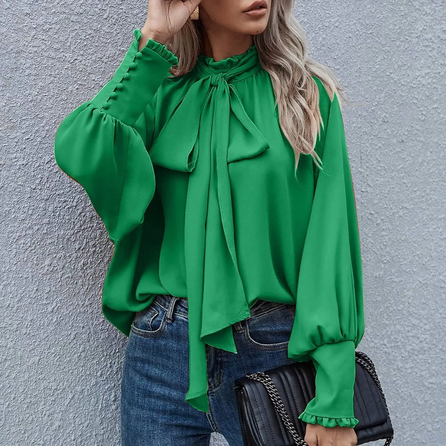 Women's Bow Tie Neck Shirts Casual Long Lantern Sleeve Tops Mock Neck Solid Color Blouses Dressy Elegant Work