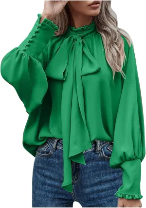 Women's Bow Tie Neck Shirts Casual Long Lantern Sleeve Tops Mock Neck Solid Color Blouses Dressy Elegant Work