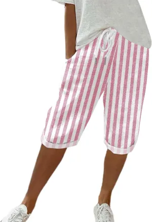 Womens Casual Linen High Waist Pants Vintage Floral Print Casual Plus Size Trendy Striped Spring Summer Gauze Pants
