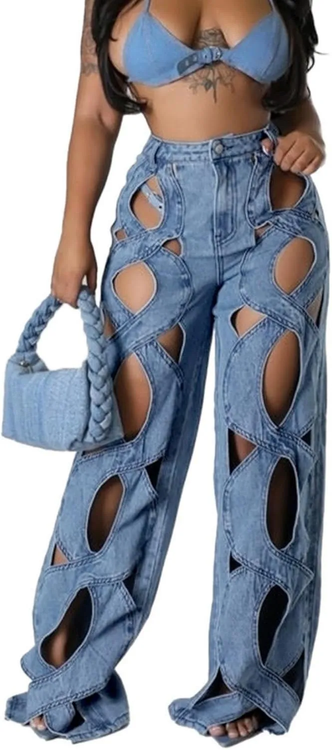 Womens Casual Straight Leg High Rise Cutout Metal Buttoned Jeans Denim Pants Streetwear