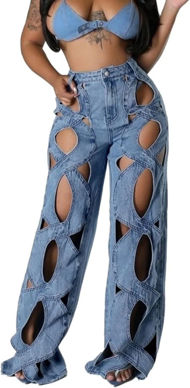 Womens Casual Straight Leg High Rise Cutout Metal Buttoned Jeans Denim Pants Streetwear