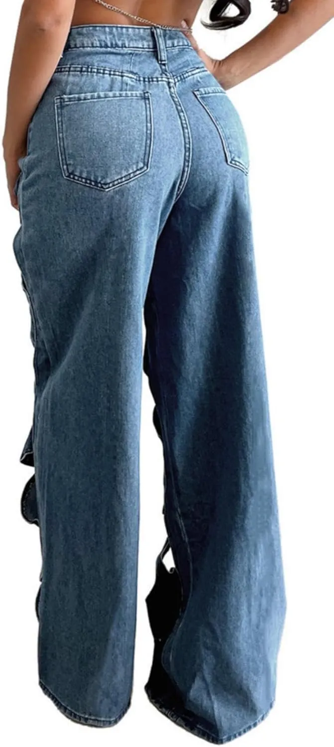 Womens Casual Straight Leg High Rise Cutout Metal Buttoned Jeans Denim Pants Streetwear