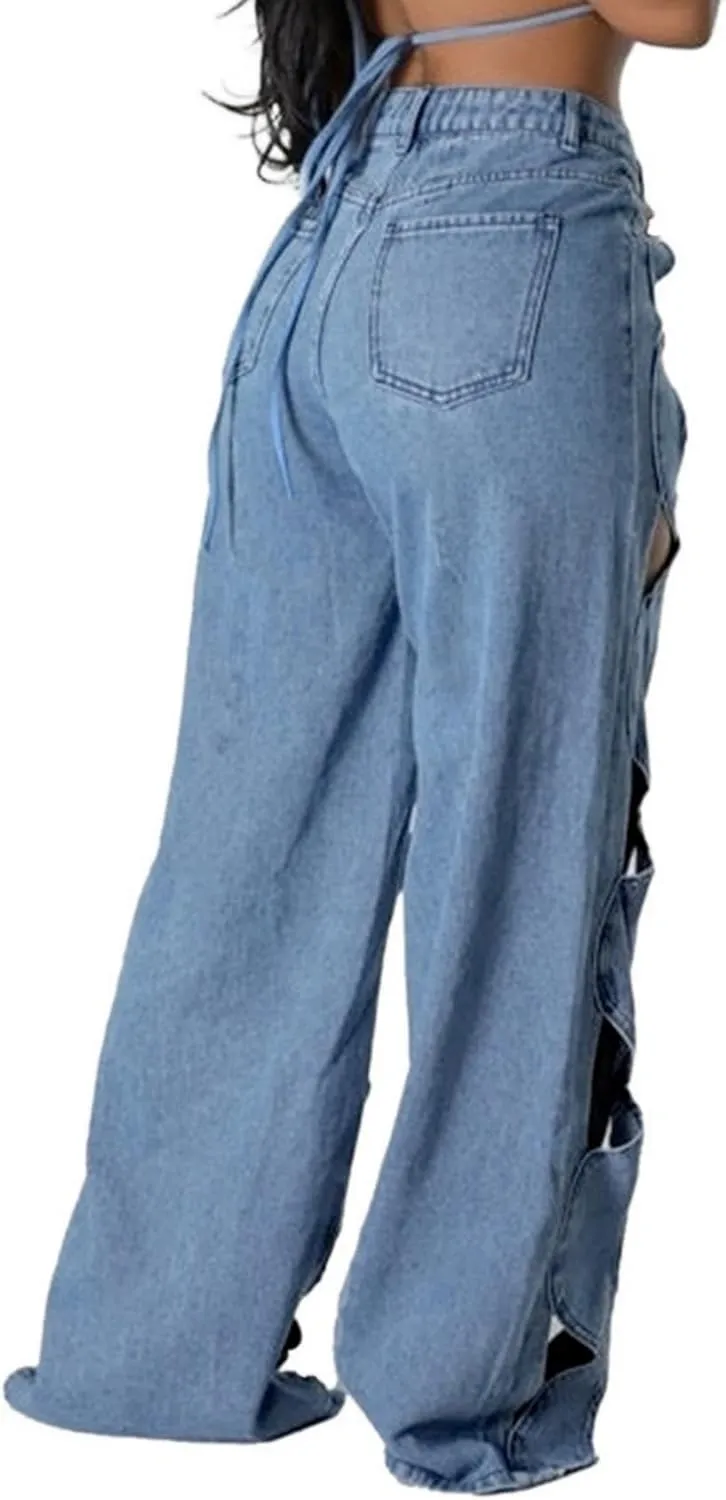 Womens Casual Straight Leg High Rise Cutout Metal Buttoned Jeans Denim Pants Streetwear