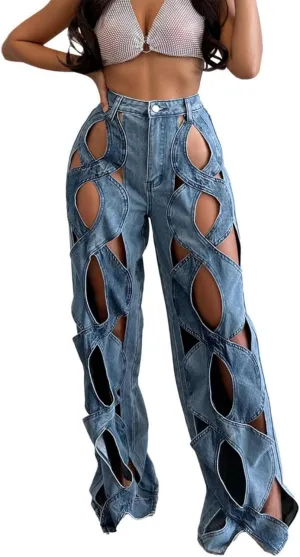 Womens Casual Straight Leg High Rise Cutout Metal Buttoned Jeans Denim Pants Streetwear