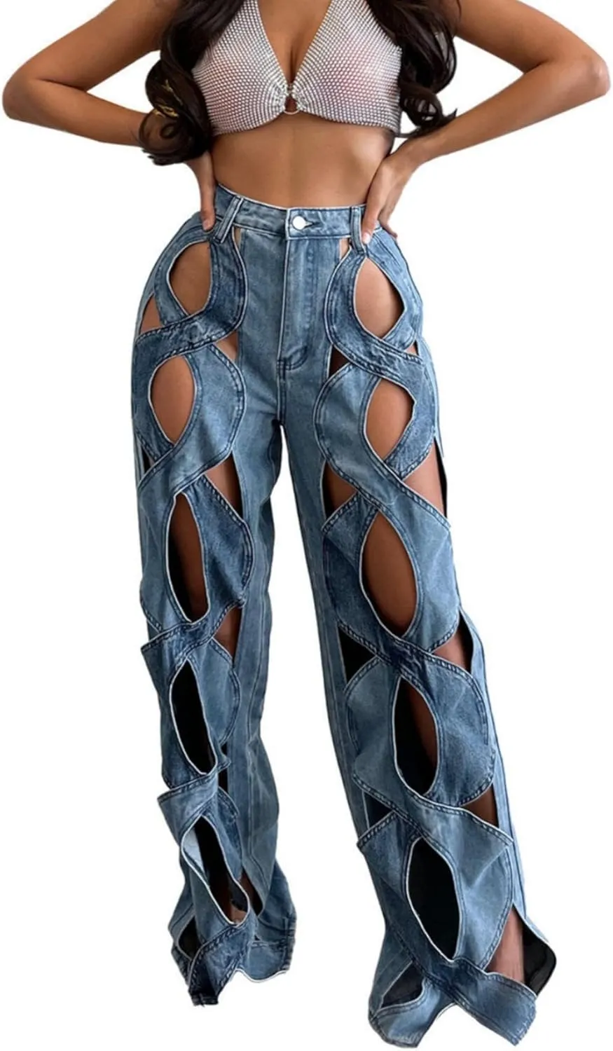 Womens Casual Straight Leg High Rise Cutout Metal Buttoned Jeans Denim Pants Streetwear