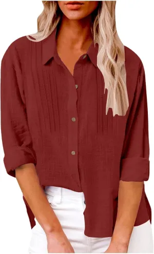 Womens Cotton Linen Button Down Shirt Long Sleeve V Neck Lapel Blouses 2025 Solid Color Elegant Pleated Tunic Tops
