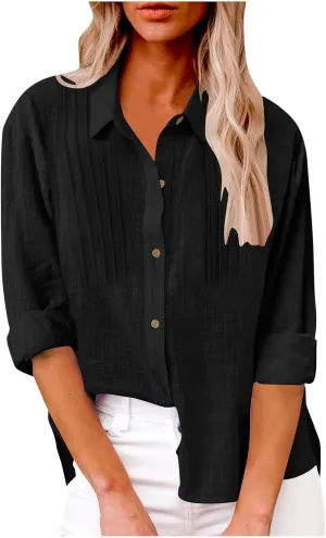 Womens Cotton Linen Button Down Shirt Long Sleeve V Neck Lapel Blouses 2025 Solid Color Elegant Pleated Tunic Tops