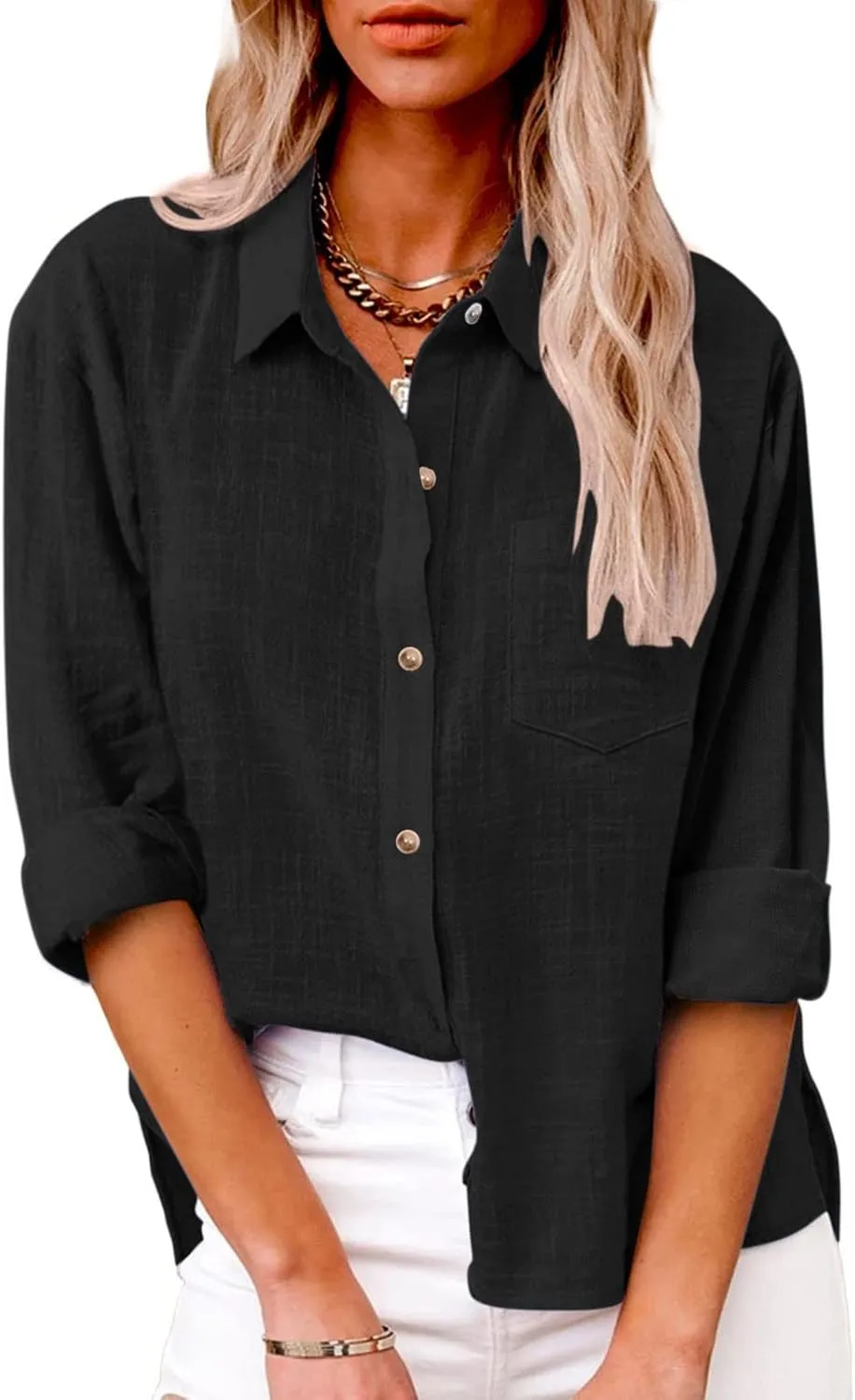 Womens Cotton Linen Button Down Shirts Long Sleeve Collared Gauze Tops Business Casual Blouses Loose Summer Tshirts