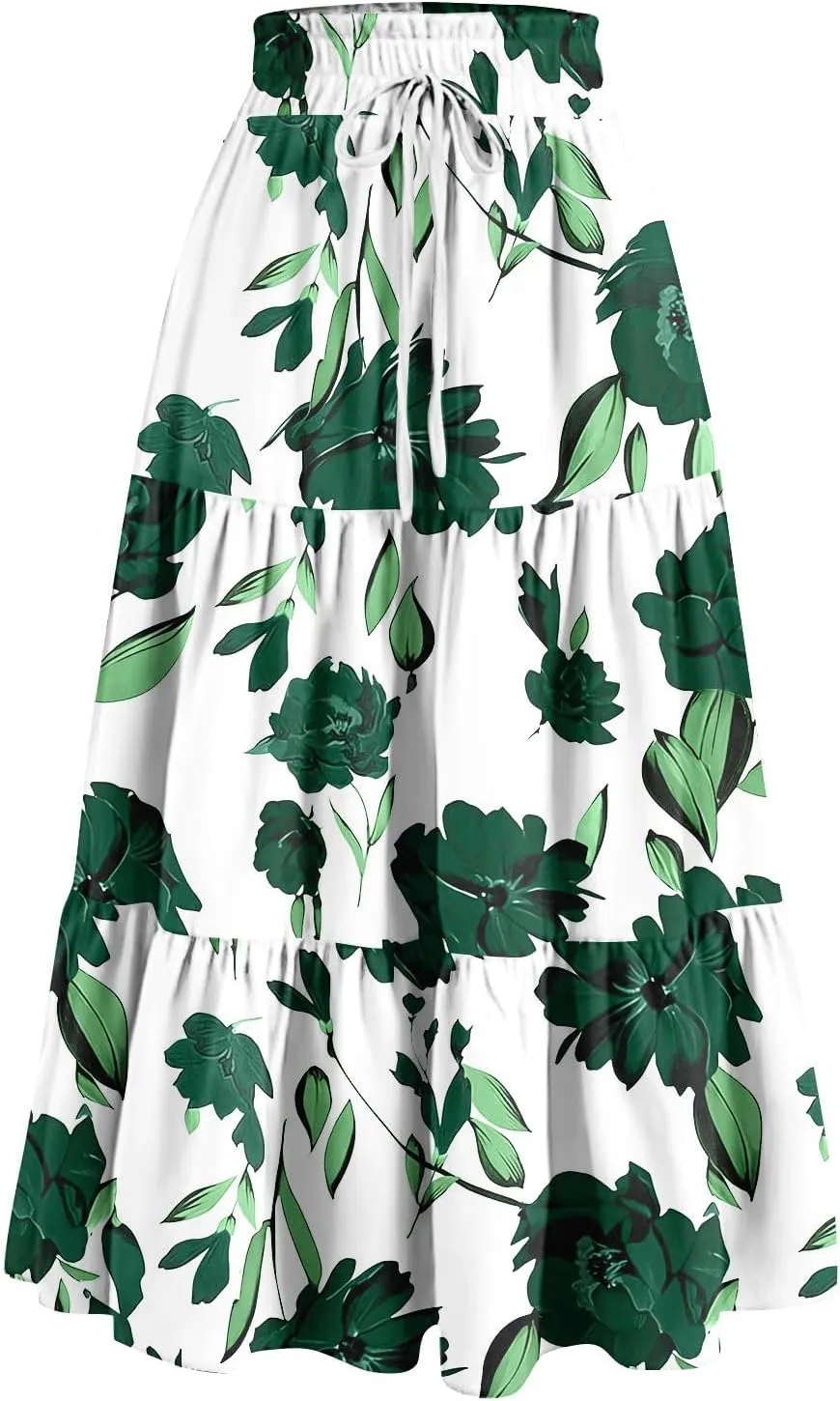 Women's Dresses Boho Floral Skirt Casual Elastic High Waist Maxi Skirts Flowy A Line Beach Long Skirt Dresses