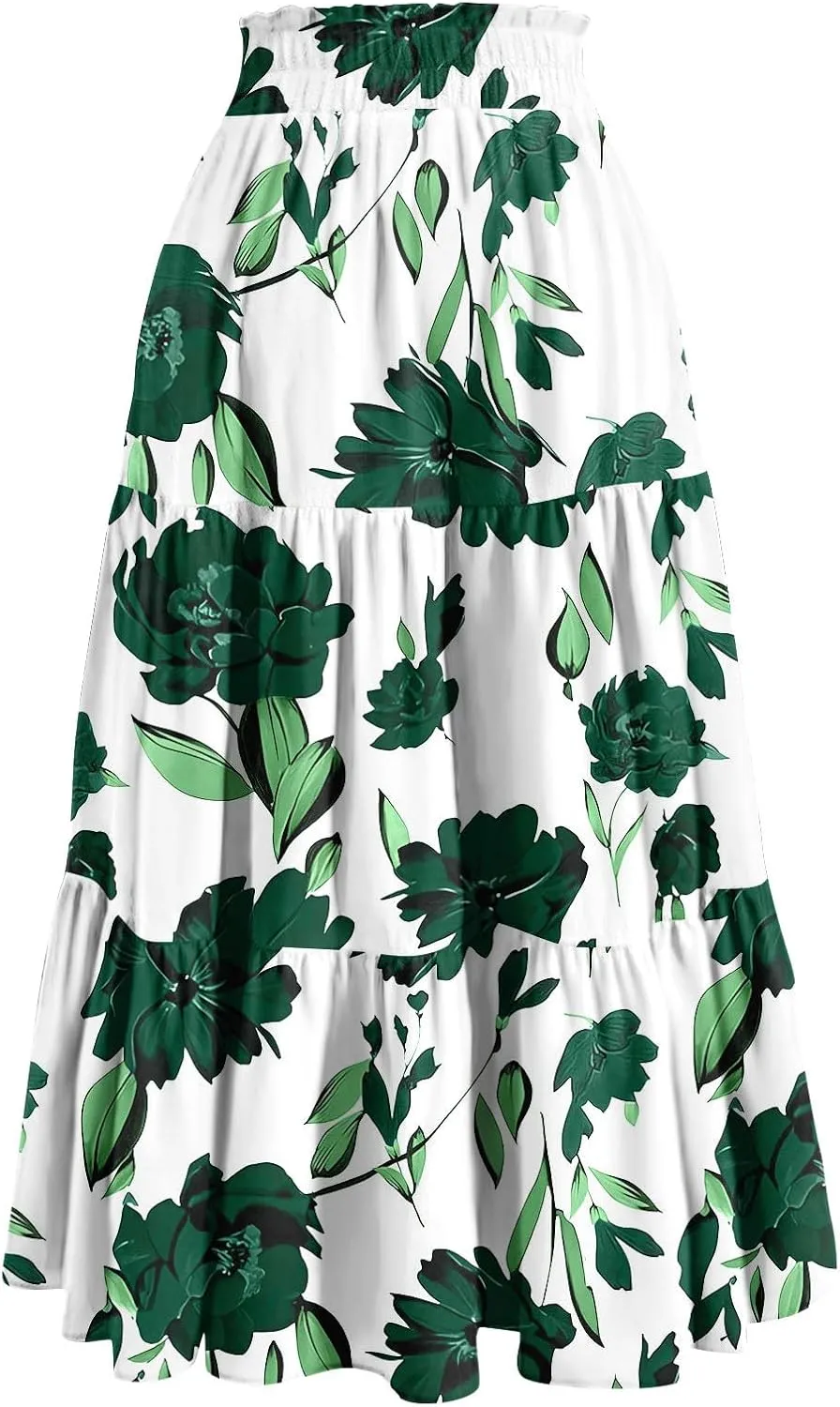 Women's Dresses Boho Floral Skirt Casual Elastic High Waist Maxi Skirts Flowy A Line Beach Long Skirt Dresses