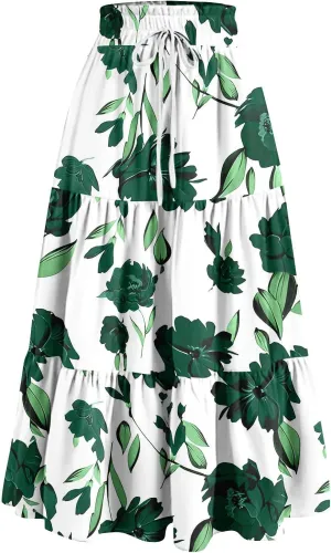 Women's Dresses Boho Floral Skirt Casual Elastic High Waist Maxi Skirts Flowy A Line Beach Long Skirt Dresses