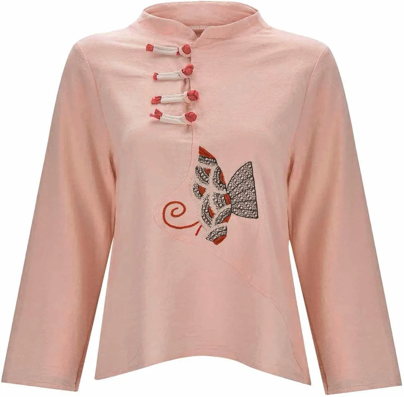 Womens Embroidery Linen Shirts Long Sleeve Mandarin Collar Casual Frog Button Chinese Traditional Tang Suit Shirt