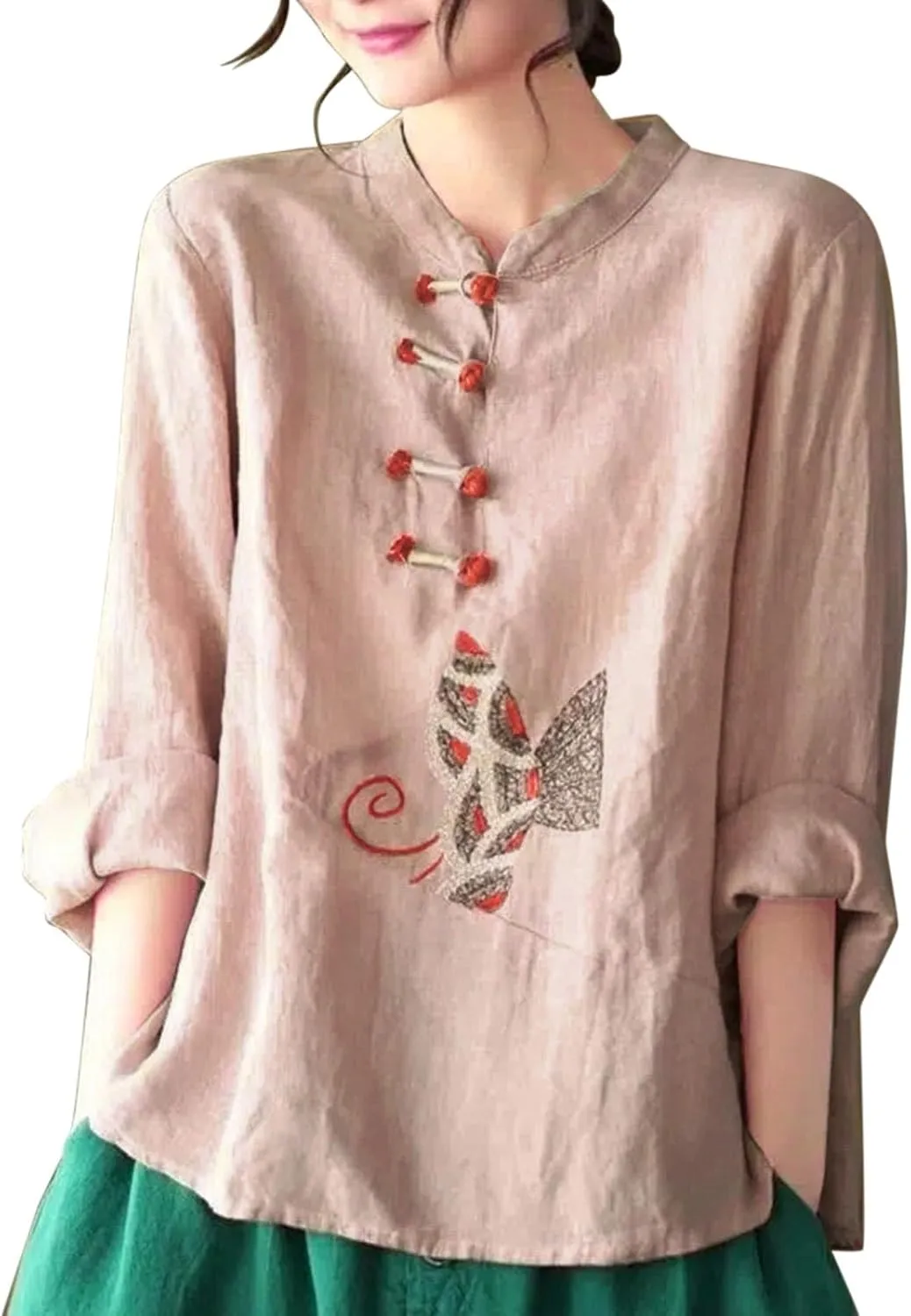 Womens Embroidery Linen Shirts Long Sleeve Mandarin Collar Casual Frog Button Chinese Traditional Tang Suit Shirt