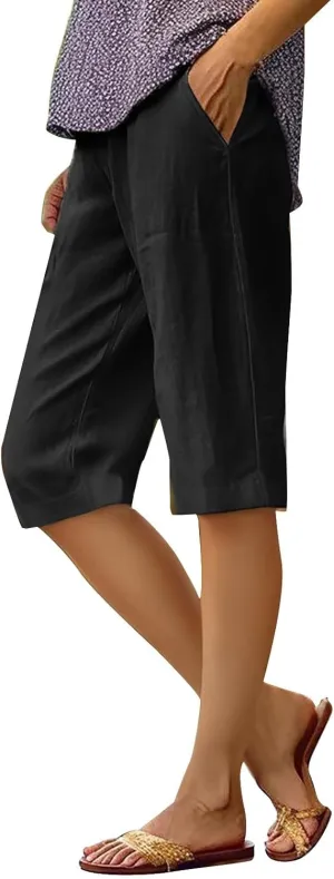 Women's Pedal Pushers Capri Jogger Pants Casual Linen Shorts Summer Lightweight Baggy Cropped Pant with Pocket