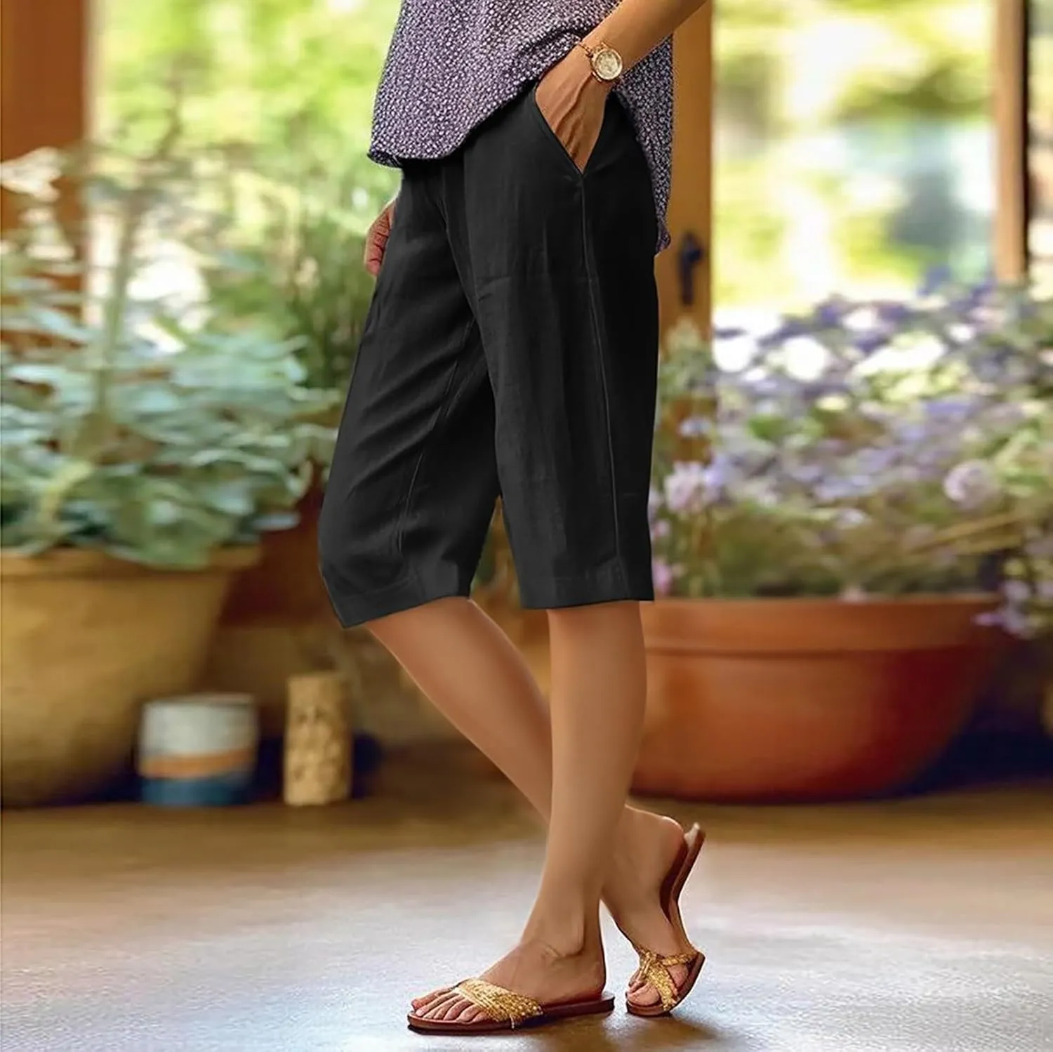 Women's Pedal Pushers Capri Jogger Pants Casual Linen Shorts Summer Lightweight Baggy Cropped Pant with Pocket