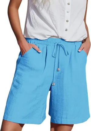 Womens Plus Size Shorts Linen Short Summer Elastic Waist Drawstring Beach Cotton Clothing with Pockets