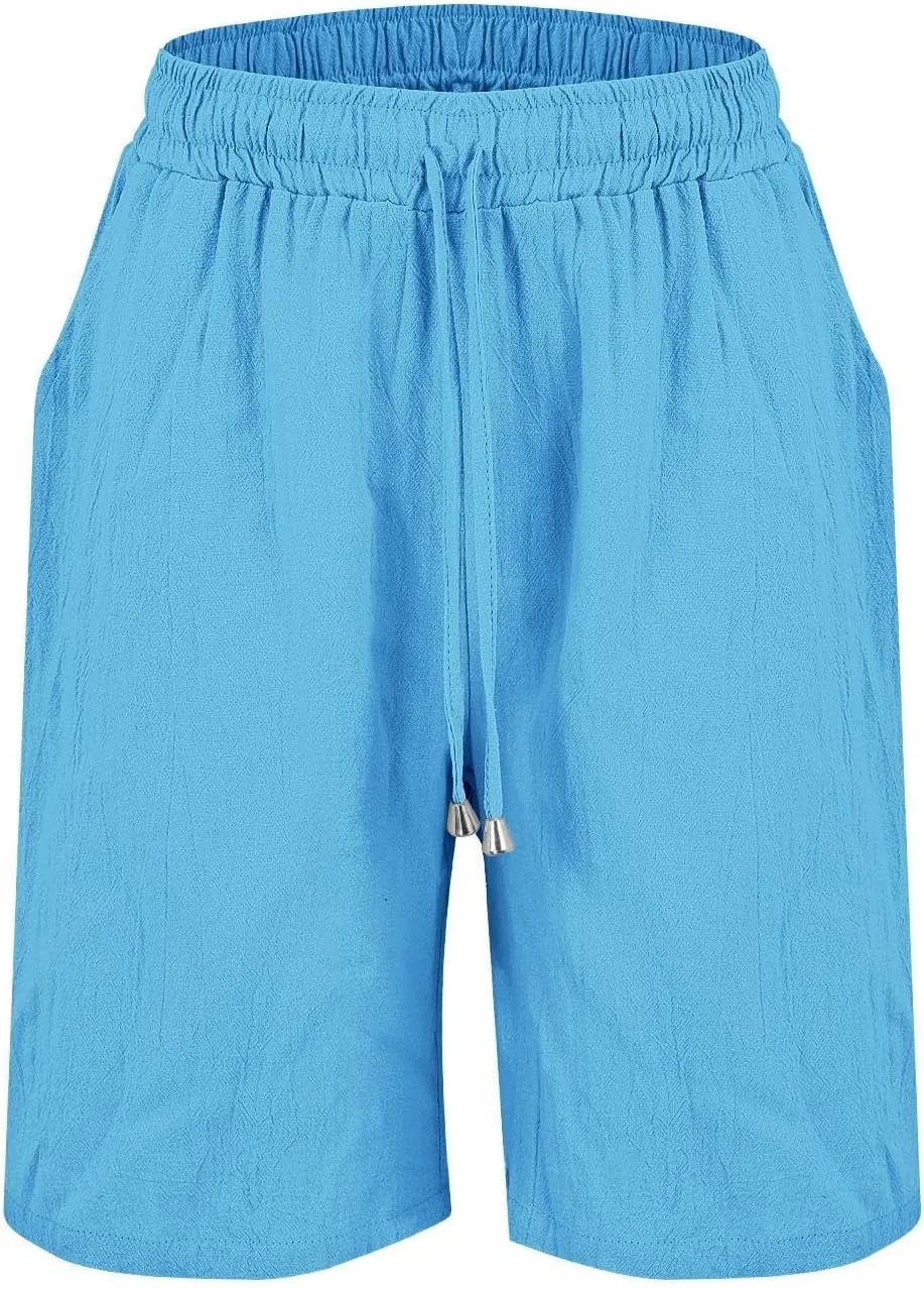 Womens Plus Size Shorts Linen Short Summer Elastic Waist Drawstring Beach Cotton Clothing with Pockets