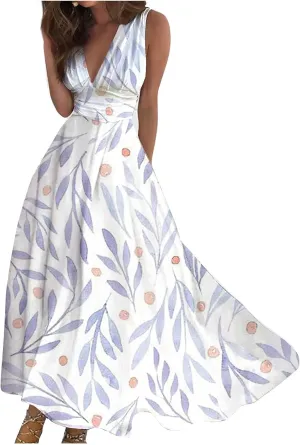 Women's Sundresses 2025 V-Neck Floral Print Sleeveless Casual Swing High Waist Long Maxi Dress, S-3XL