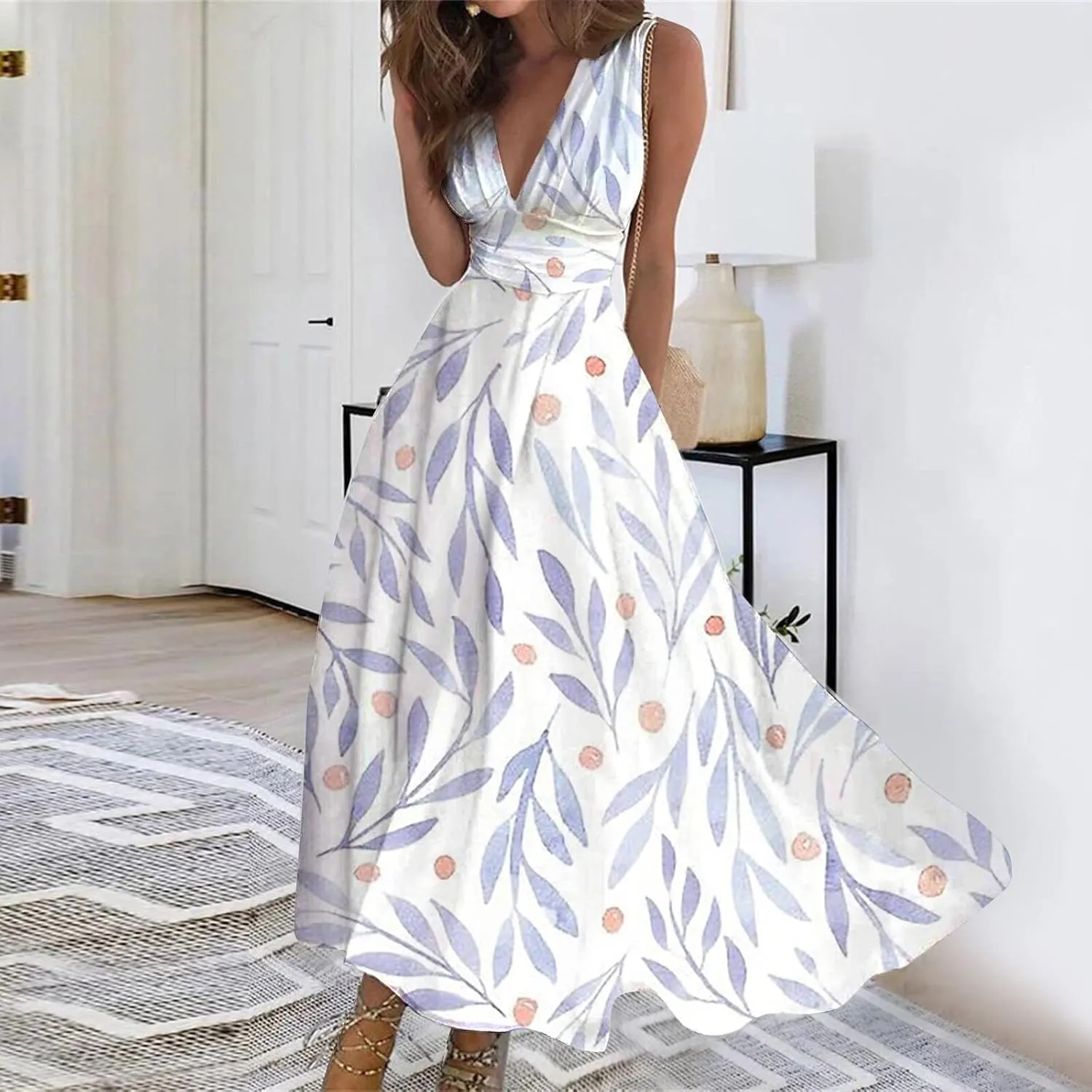 Women's Sundresses 2025 V-Neck Floral Print Sleeveless Casual Swing High Waist Long Maxi Dress, S-3XL