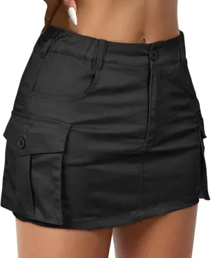 Zando Low Waist Cargo Skirts for Women Y2K Bodycon Mini Skirt Y2K Button Jean Denim Mini Skirt with Pockets